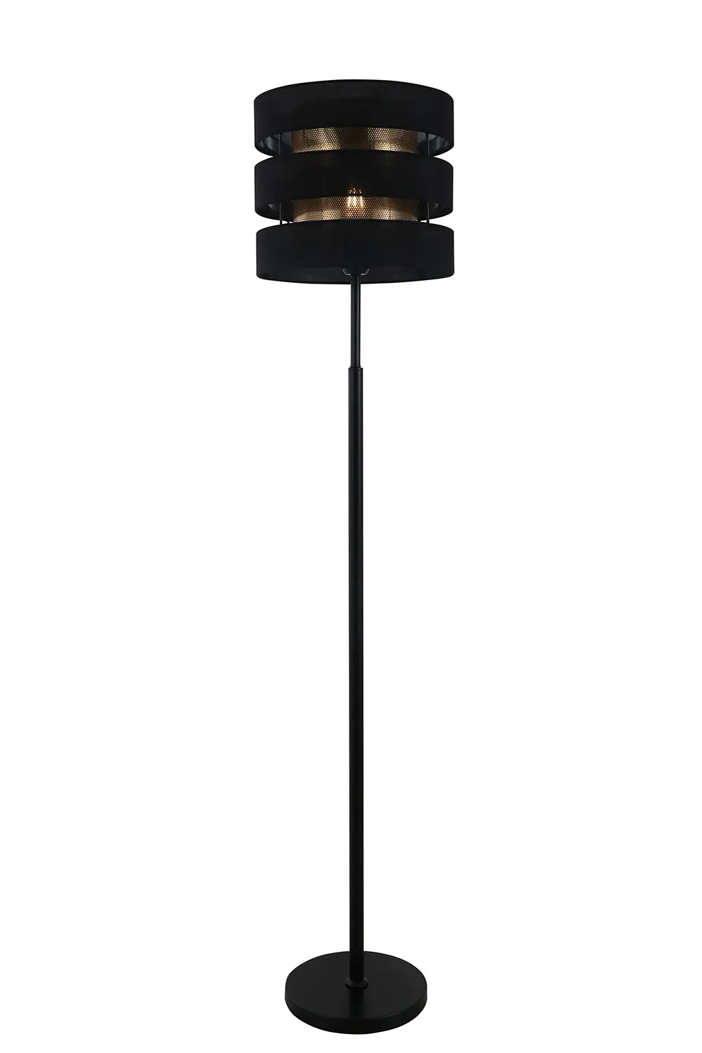 Como o layout geométrico da lâmpada de piso preto de sombra dupla afeta a distribuição da luz e a estética espacial?