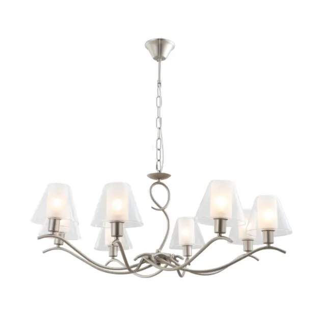 Lustre de vidro duplo de 8 luzes com acabamento de níquel de cetim