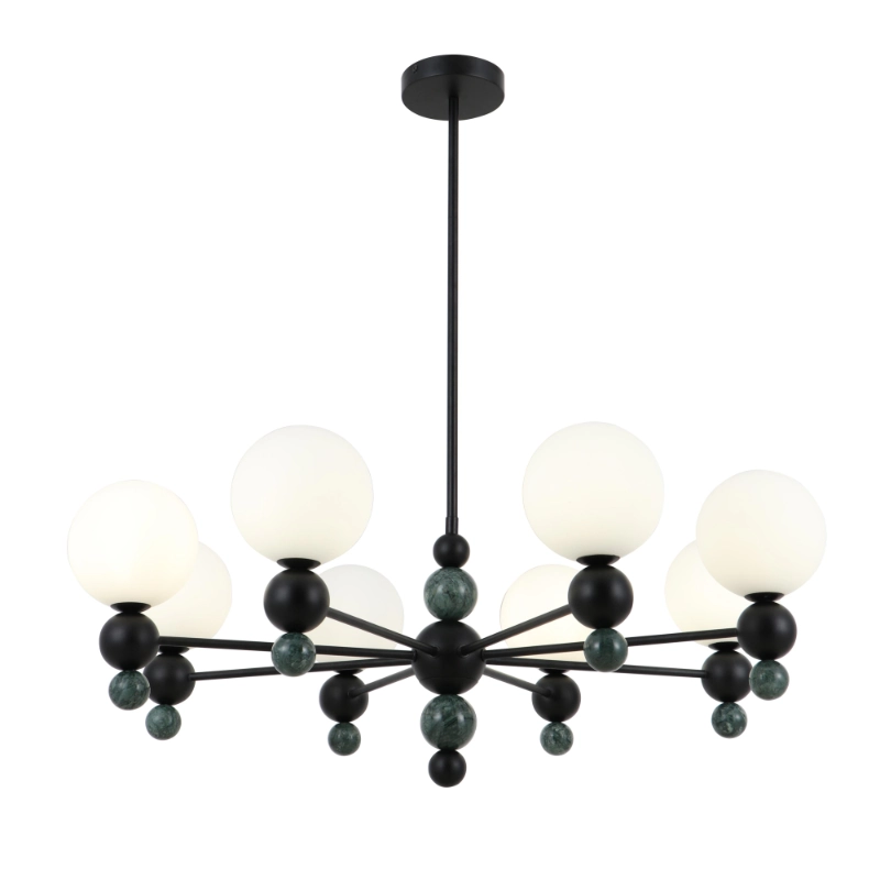 Lustre moderno globo de vidro com 8 luzes e detalhes em mármore verde