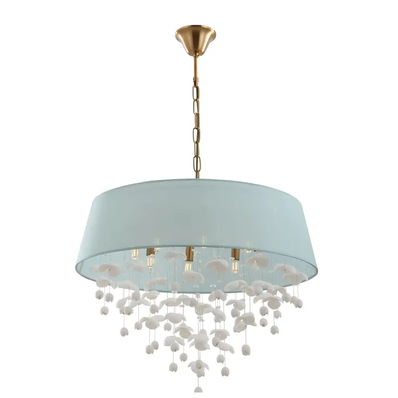 Lustre moderno com sombra de tambor de porcelana com 8 luzes para sala de estar