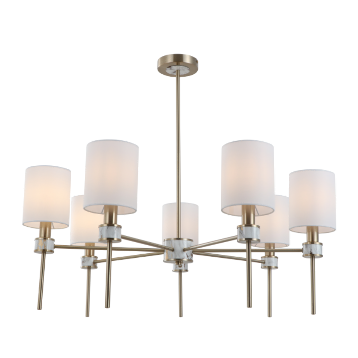 Multi-Lights Off-White Cylindrical Fabric Shade Brass Holding Chandelier