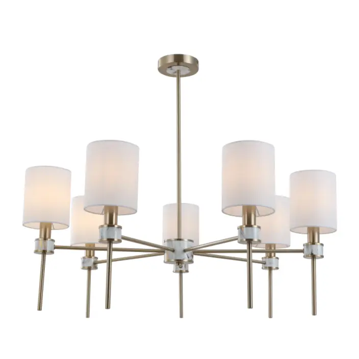 Lustre suspenso de latão com sombra de tecido cilíndrico esbranquiçado multi-luzes