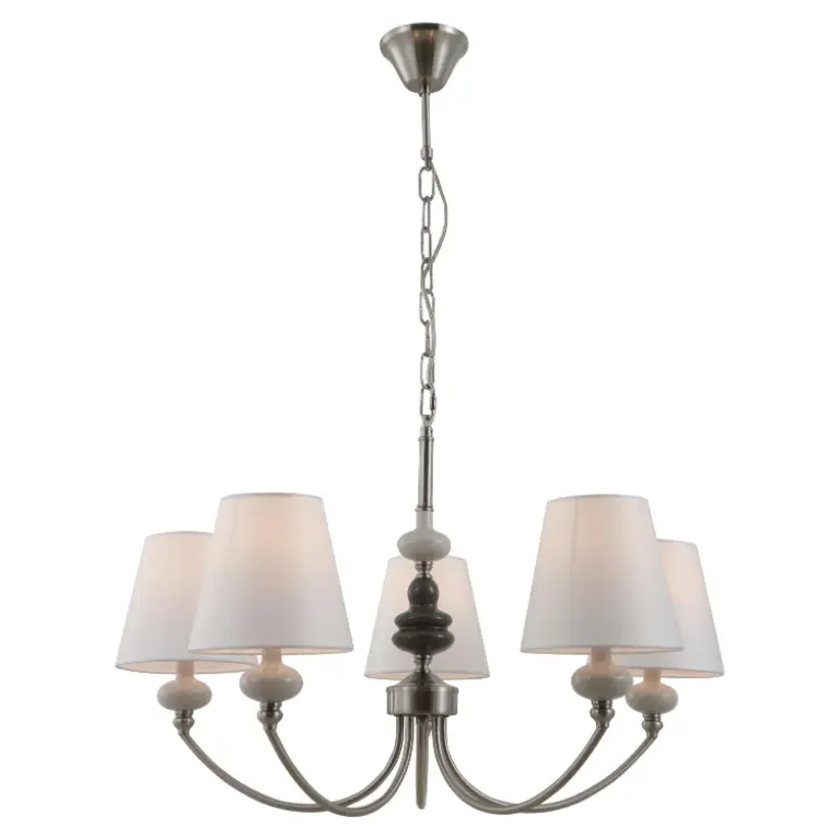 Candelador de cerâmica de níquel de níquel de cetim com 5 luzes de cerâmica com tons brancos de tecido cônico